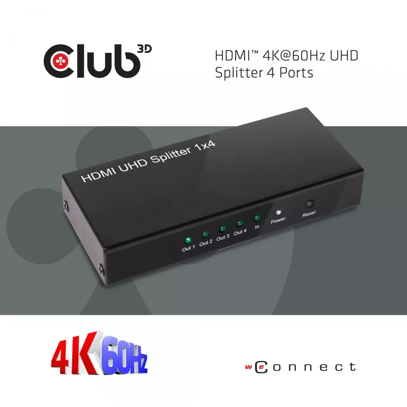 CLUB3D HDMI™ 4K@60Hz UHD skirstytuvas su AC maitinimu, 4 prievadai