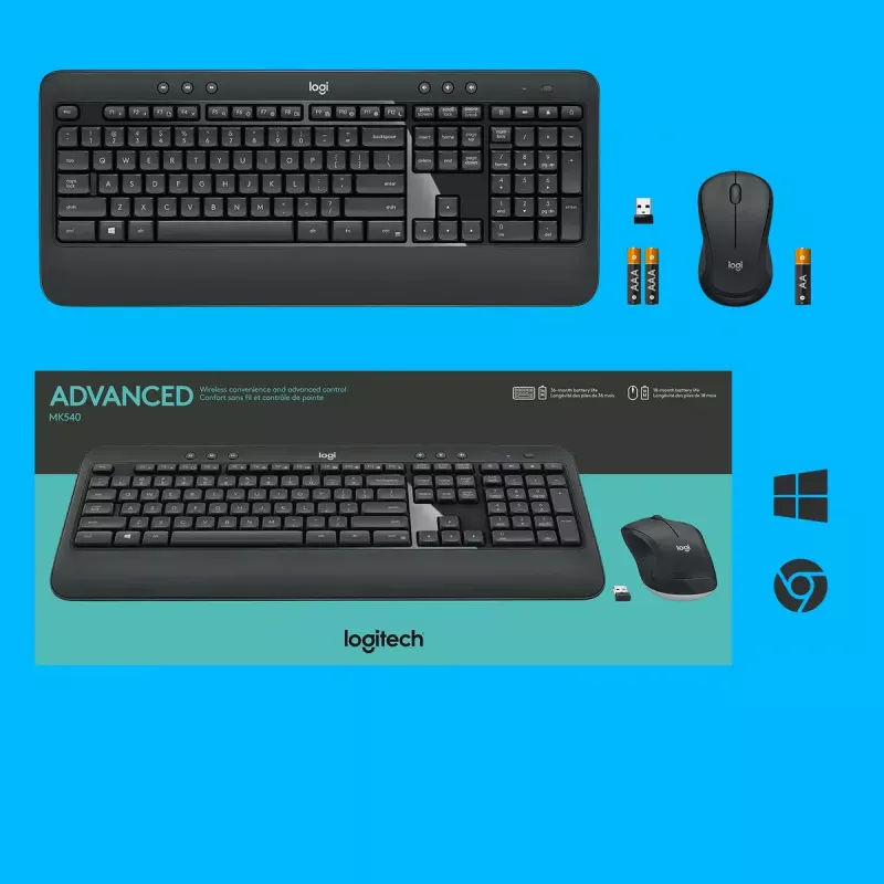 Belaidis klaviatūros ir pelės rinkinys Logitech MK540 Advanced — pilno dydžio QWERTY klaviatūra, USB imtuvas, JAV išdėstymas, ergonomiška pelė, juoda/balta
