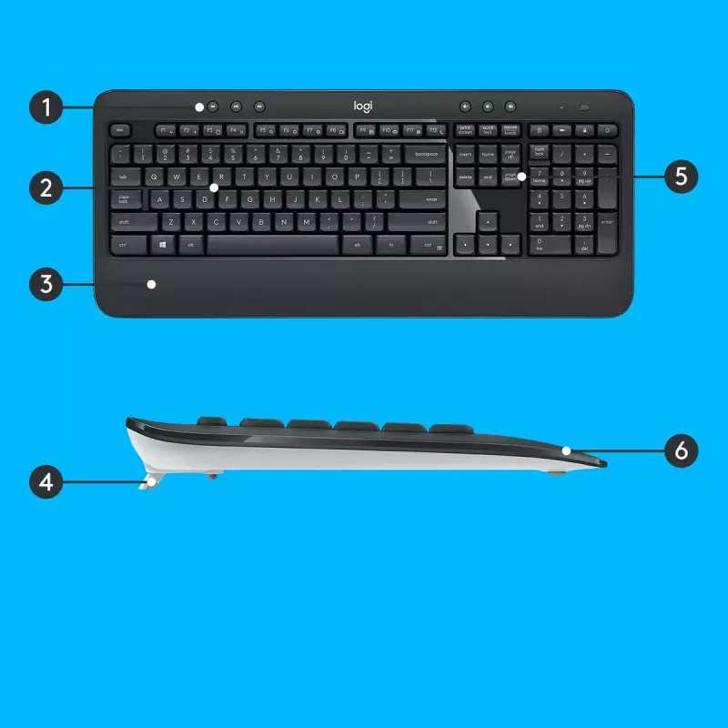 Belaidis klaviatūros ir pelės rinkinys Logitech MK540 Advanced — pilno dydžio QWERTY klaviatūra, USB imtuvas, JAV išdėstymas, ergonomiška pelė, juoda/balta