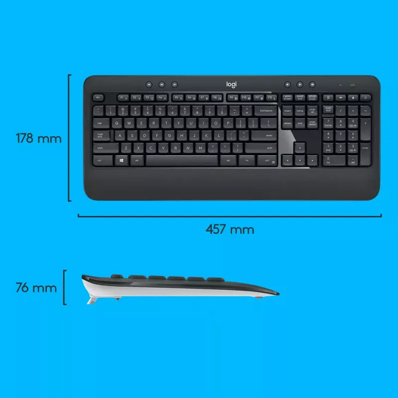 Belaidis klaviatūros ir pelės rinkinys Logitech MK540 Advanced — pilno dydžio QWERTY klaviatūra, USB imtuvas, JAV išdėstymas, ergonomiška pelė, juoda/balta