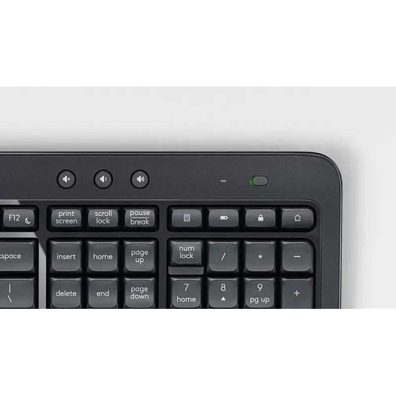 Belaidis klaviatūros ir pelės rinkinys Logitech MK540 Advanced — pilno dydžio QWERTY klaviatūra, USB imtuvas, JAV išdėstymas, ergonomiška pelė, juoda/balta