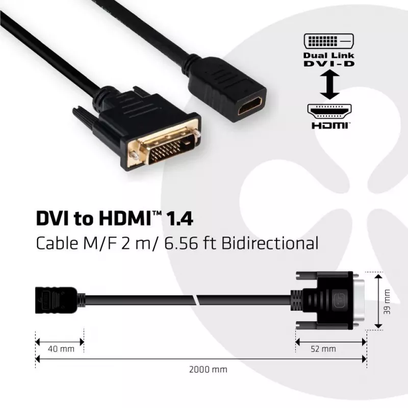 CLUB3D DVI į HDMI 1.4 laidas M/F 2m/6.56ft abipusis