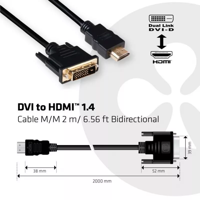 CLUB3D DVI į HDMI 1.4 laidas M/M 2m/ 6,56ft abipusis