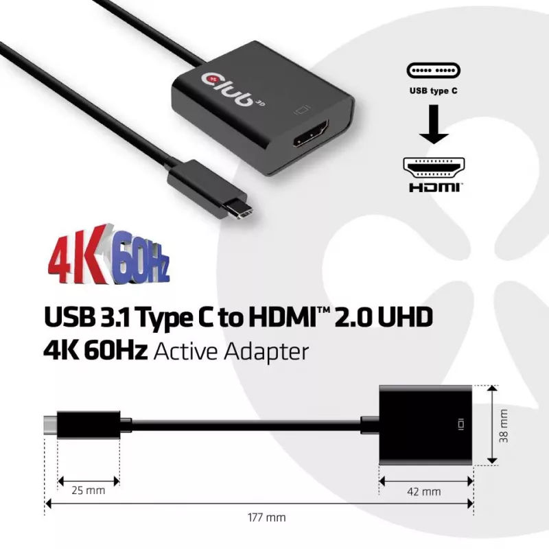 USB 3.1 Type C į HDMI 2.0 UHD 4K 60Hz aktyvus adapteris CLUB3D CAC-2504