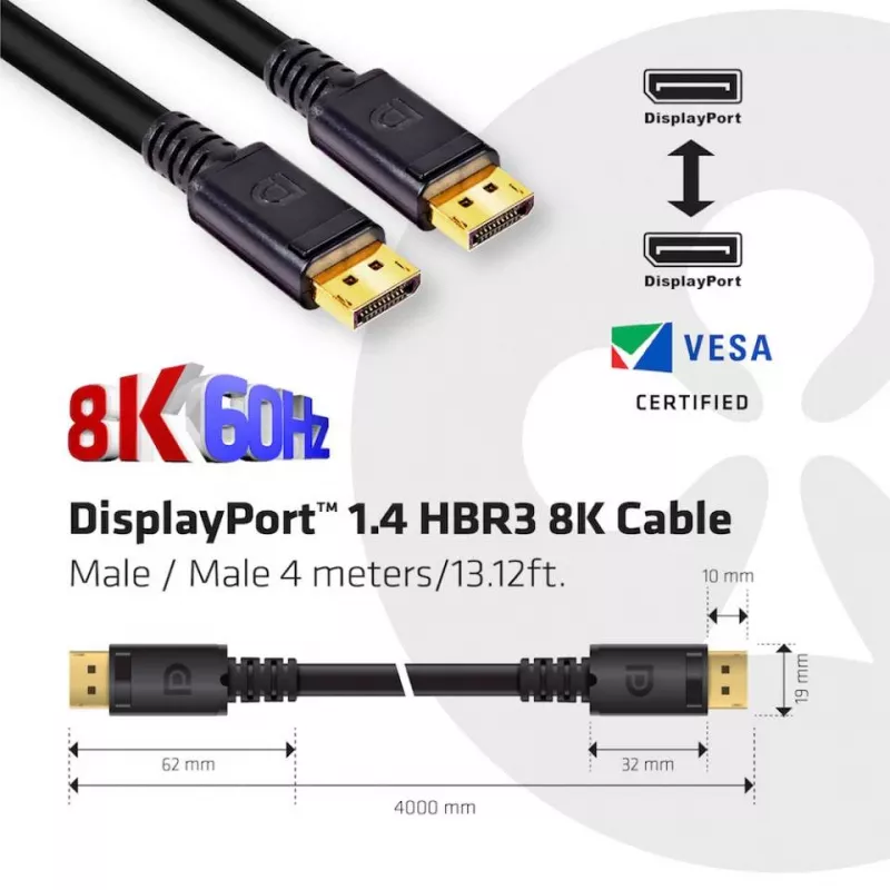 CLUB3D DisplayPort 1.4 HBR3 8K laidas M/M 4 m /13.12ft, 4 m, DisplayPort, DisplayPort, Vyriškas, Vyriškas, 7680 x 4320 pikselių