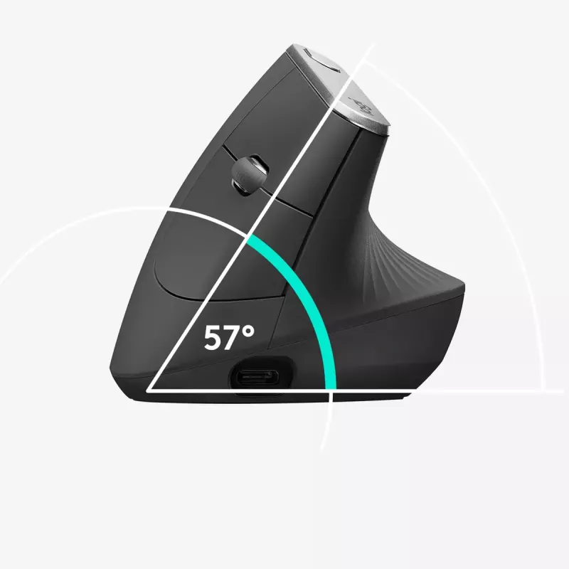 Ergonominė belaidė pelė Logitech MX Vertical, MX Vertical, 4000 DPI, RF Wireless + Bluetooth, dešinei rankai, Graphite, biuro naudojimui