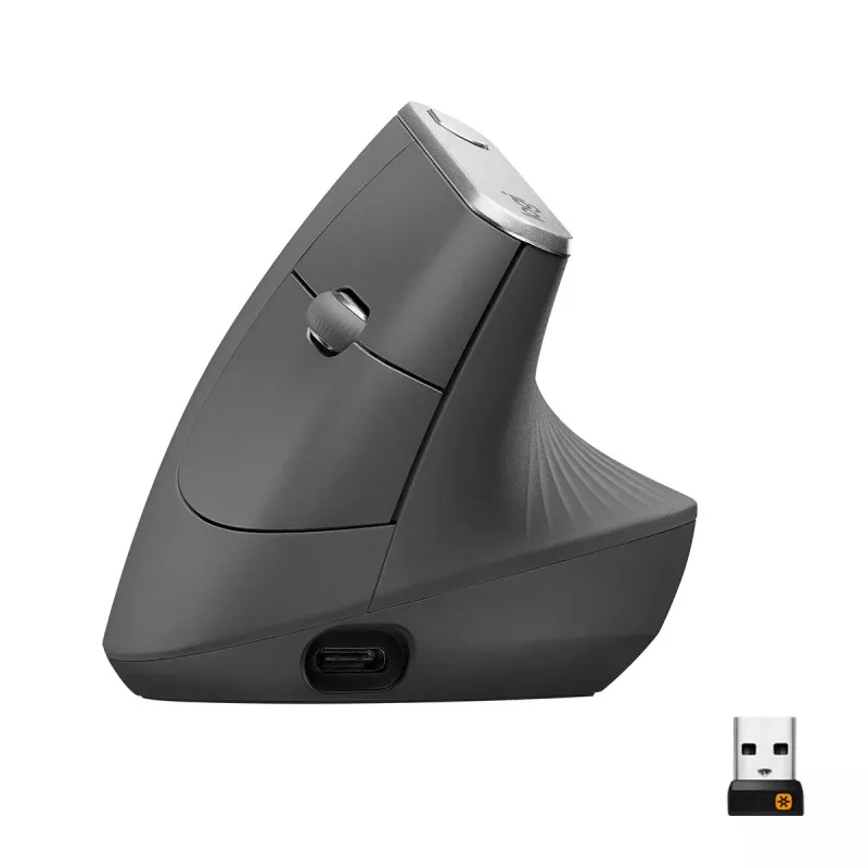 Ergonominė belaidė pelė Logitech MX Vertical, MX Vertical, 4000 DPI, RF Wireless + Bluetooth, dešinei rankai, Graphite, biuro naudojimui