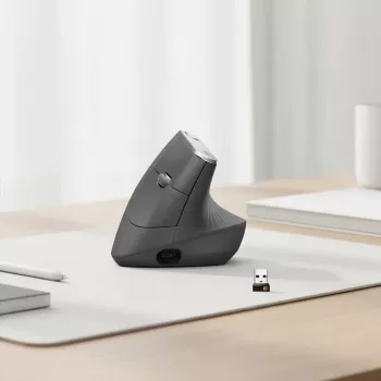 Ergonominė belaidė pelė Logitech MX Vertical, MX Vertical, 4000 DPI, RF Wireless + Bluetooth, dešinei rankai, Graphite, biuro naudojimui