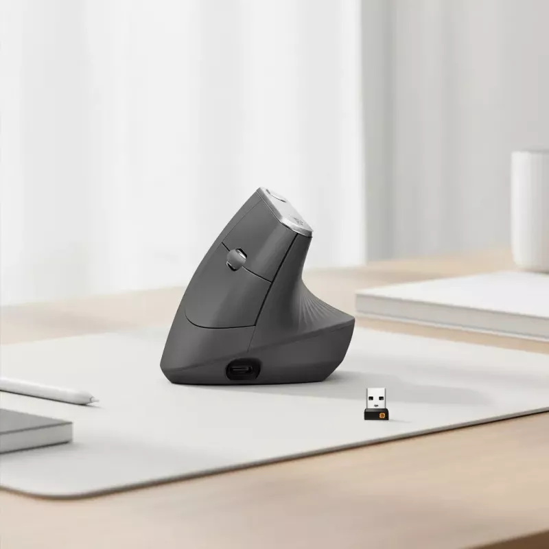 Ergonominė belaidė pelė Logitech MX Vertical, MX Vertical, 4000 DPI, RF Wireless + Bluetooth, dešinei rankai, Graphite, biuro naudojimui