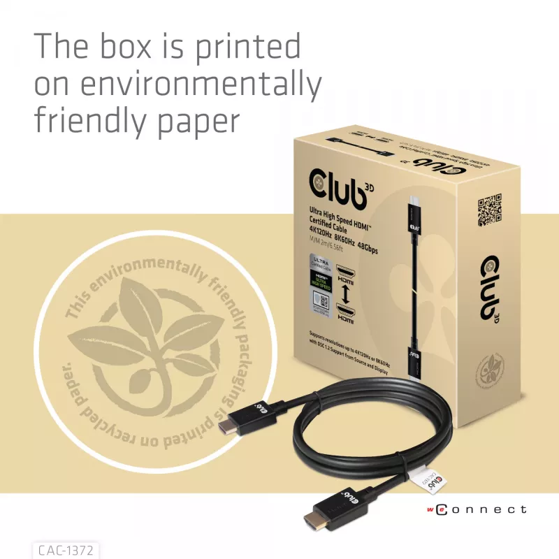 CLUB3D Ultra didelės spartos HDMI 4K120Hz, 8K60Hz sertifikuotas kabelis 48Gbps M/M 2 m / 6,56 pėd.