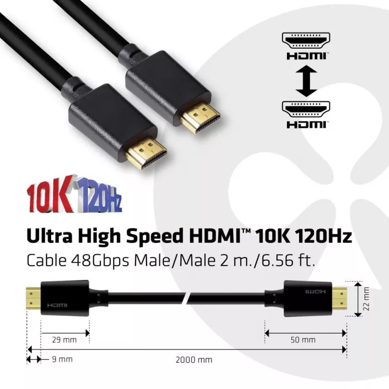 CLUB3D Ultra didelės spartos HDMI 4K120Hz, 8K60Hz sertifikuotas kabelis 48Gbps M/M 2 m / 6,56 pėd.