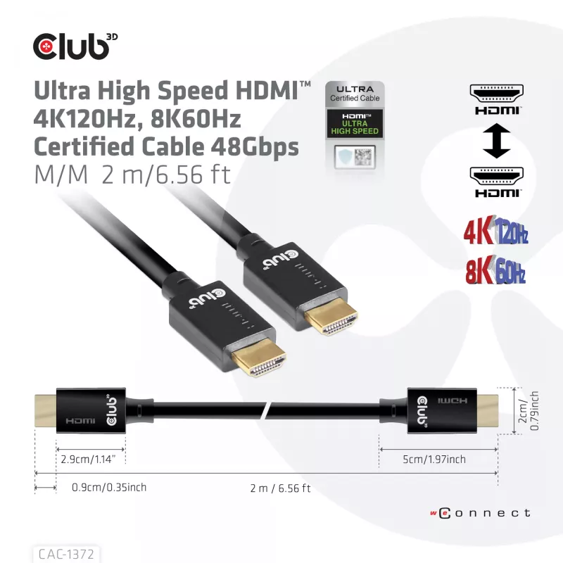 CLUB3D Ultra didelės spartos HDMI 4K120Hz, 8K60Hz sertifikuotas kabelis 48Gbps M/M 2 m / 6,56 pėd.
