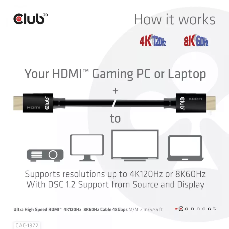 CLUB3D Ultra didelės spartos HDMI 4K120Hz, 8K60Hz sertifikuotas kabelis 48Gbps M/M 2 m / 6,56 pėd.