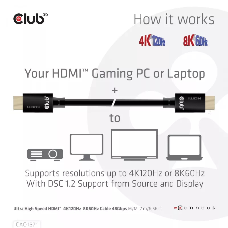CLUB3D Ultra High Speed HDMI 4K120Hz, 8K60Hz sertifikuotas kabelis 48Gbps M/M 1 m/3.28 ft
