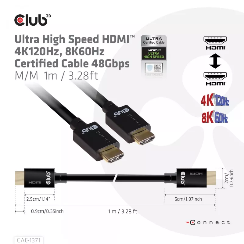 CLUB3D Ultra High Speed HDMI 4K120Hz, 8K60Hz sertifikuotas kabelis 48Gbps M/M 1 m/3.28 ft