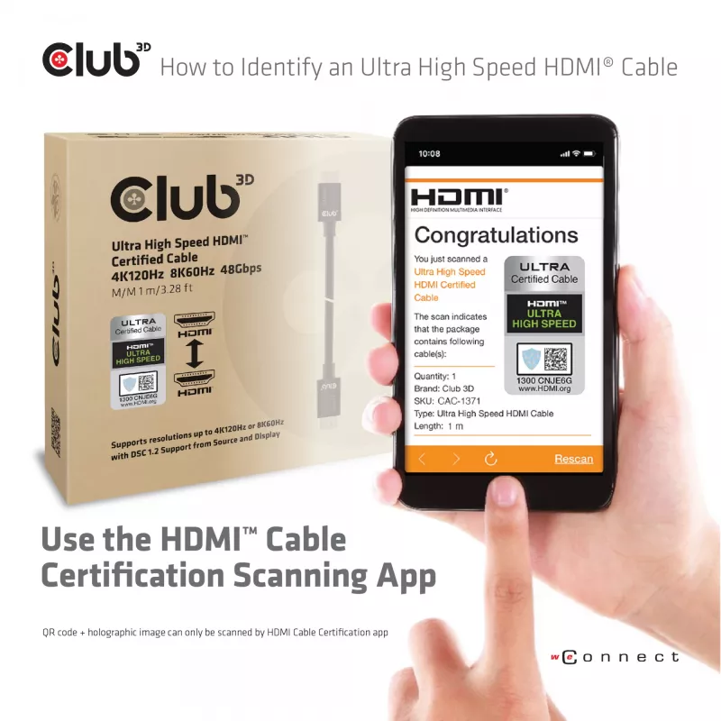 CLUB3D Ultra High Speed HDMI 4K120Hz, 8K60Hz sertifikuotas kabelis 48Gbps M/M 1 m/3.28 ft