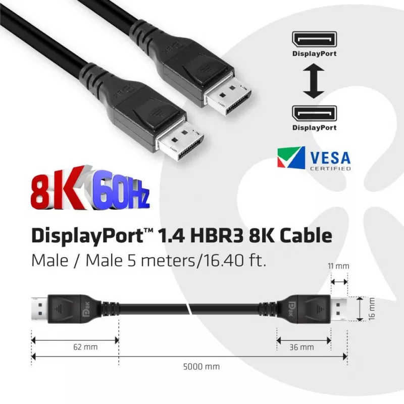 CLUB3D DisplayPort 1.4 HBR3 8K laidas M/M 5 m / 16,40 pėd.