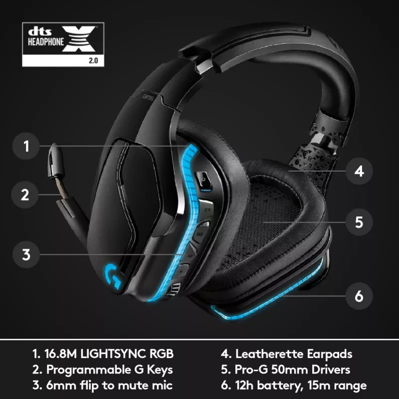 LOGITECH G935 Belaidės 7.1 erdvinio garso Lightsync žaidimų ausinės – 2,4 GHz