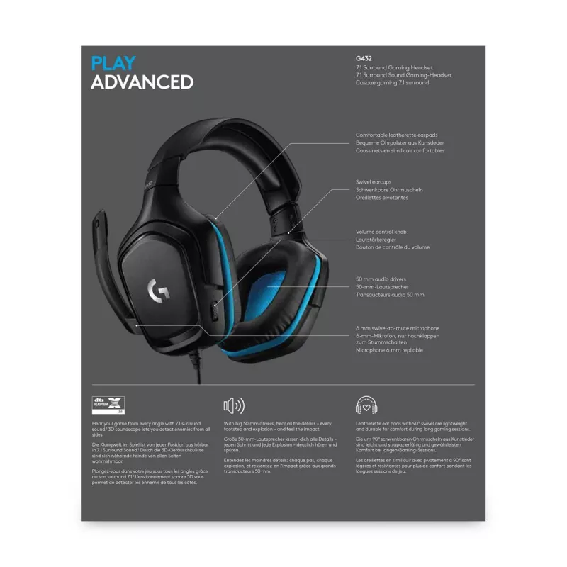 LOGITECH G432 - USB / 3.5mm - Žaidimų ausinės - 7.1 erdvinis garsas - Mėlynos