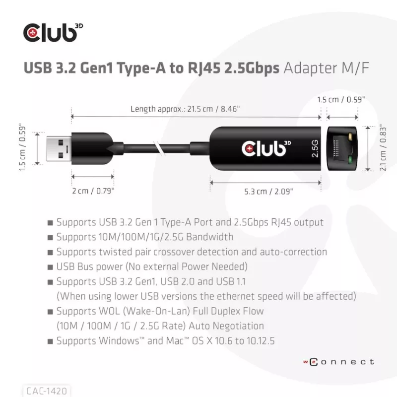 CLUB3D USB 3.2 Gen1 Tipas A į RJ45 2.5Gbps adapteris