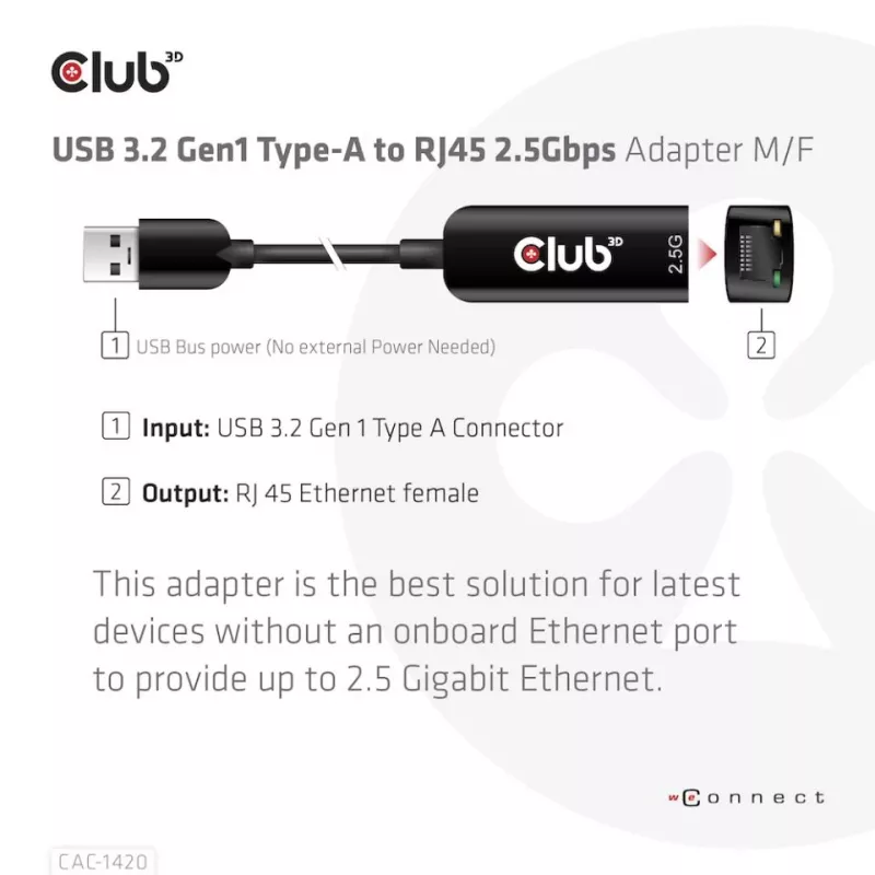 CLUB3D USB 3.2 Gen1 Tipas A į RJ45 2.5Gbps adapteris
