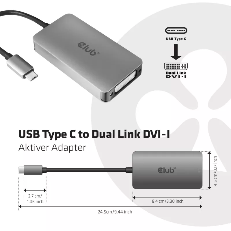 CLUB3D USB3.2 Gen1 Type-C į Dual Link DVI-D HDCP ON versija aktyvus adapteris M/F