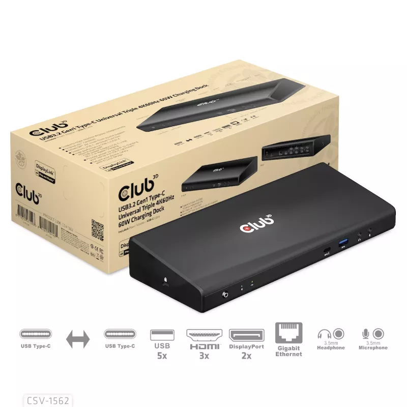 CLUB3D CSV-1562 – USB3.2 Gen1 Type-C universali triguba 4K30Hz įkrovimo stotelė su DisplayLink® sertifikatu. Universali įkrovimo stotelė