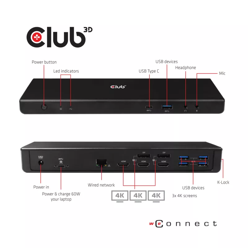 CLUB3D CSV-1562 – USB3.2 Gen1 Type-C universali triguba 4K30Hz įkrovimo stotelė su DisplayLink® sertifikatu. Universali įkrovimo stotelė
