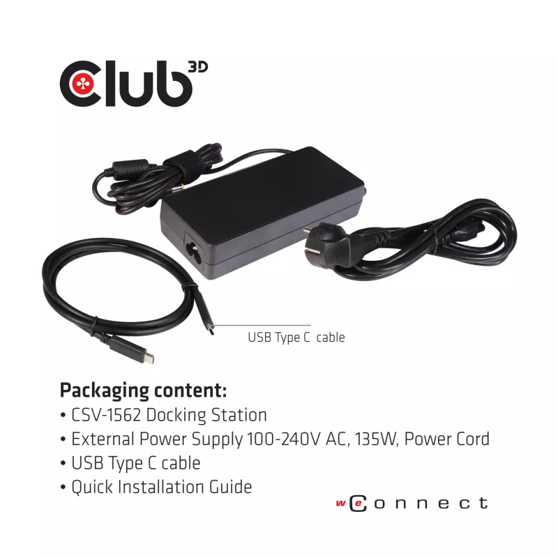 CLUB3D CSV-1562 – USB3.2 Gen1 Type-C universali triguba 4K30Hz įkrovimo stotelė su DisplayLink® sertifikatu. Universali įkrovimo stotelė