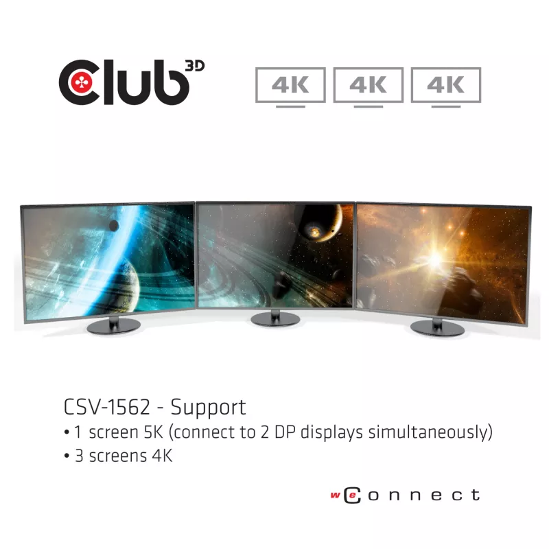 CLUB3D CSV-1562 – USB3.2 Gen1 Type-C universali triguba 4K30Hz įkrovimo stotelė su DisplayLink® sertifikatu. Universali įkrovimo stotelė