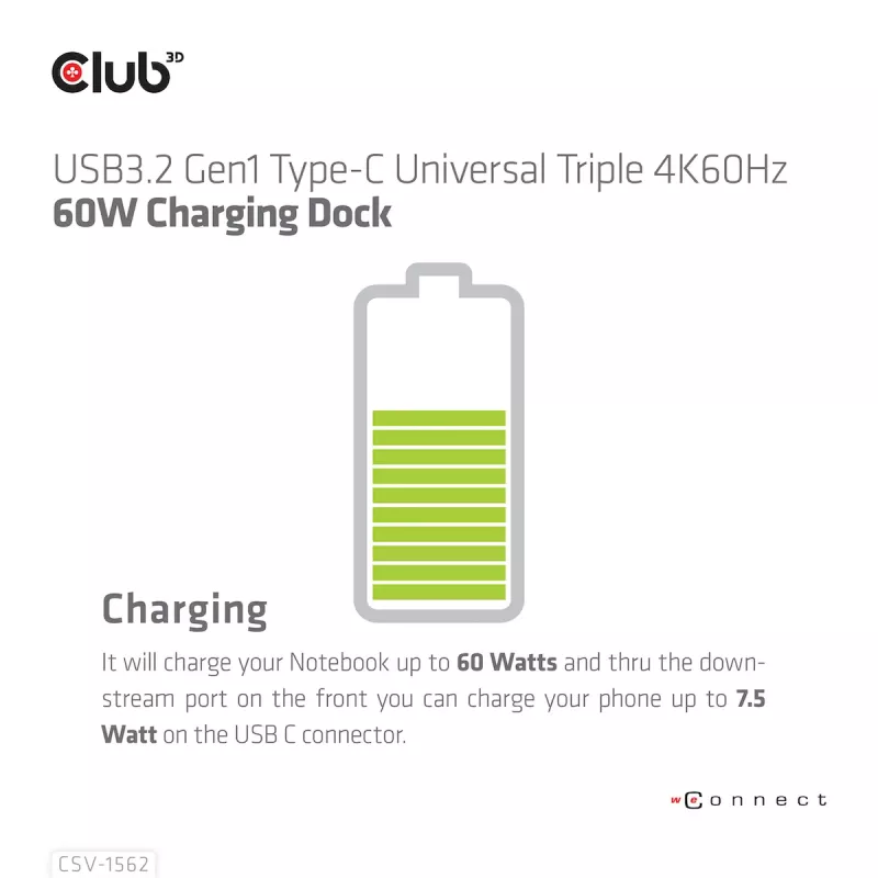 CLUB3D CSV-1562 – USB3.2 Gen1 Type-C universali triguba 4K30Hz įkrovimo stotelė su DisplayLink® sertifikatu. Universali įkrovimo stotelė