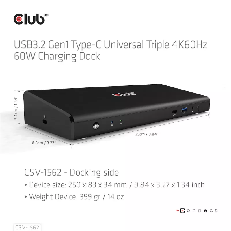 CLUB3D CSV-1562 – USB3.2 Gen1 Type-C universali triguba 4K30Hz įkrovimo stotelė su DisplayLink® sertifikatu. Universali įkrovimo stotelė