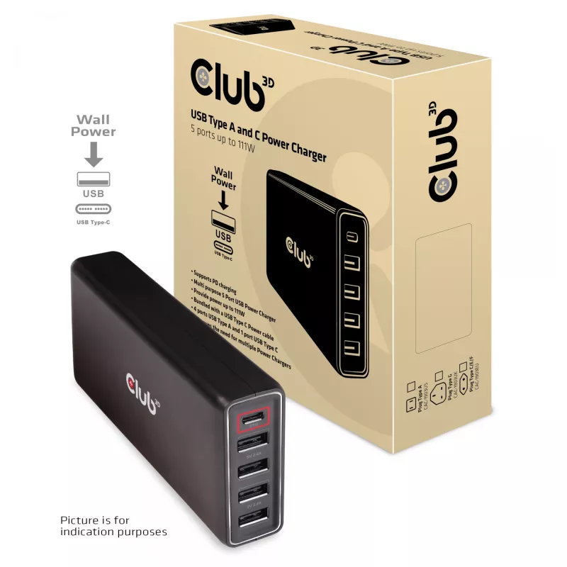 CLUB3D USB Type A ir C maitinimo įkroviklis, 5 prievadai iki 111 W