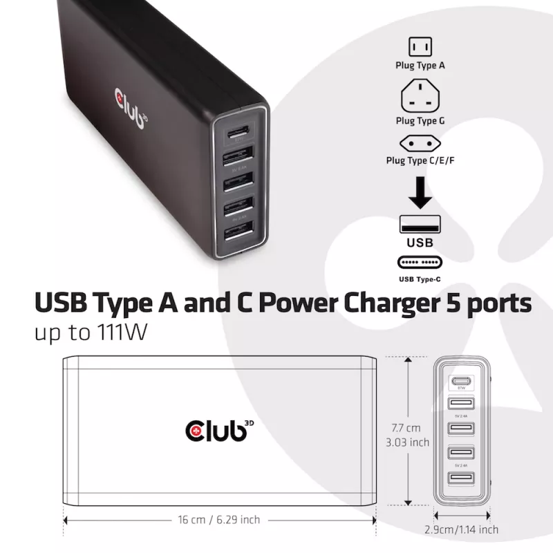 CLUB3D USB Type A ir C maitinimo įkroviklis, 5 prievadai iki 111 W