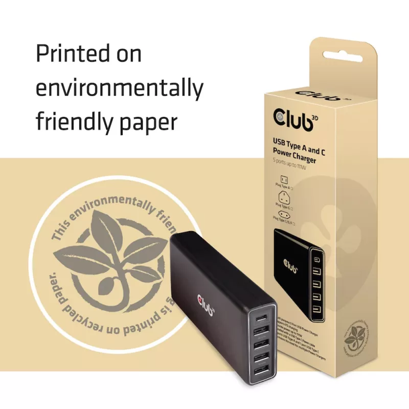 CLUB3D USB Type A ir C maitinimo įkroviklis, 5 prievadai iki 111 W