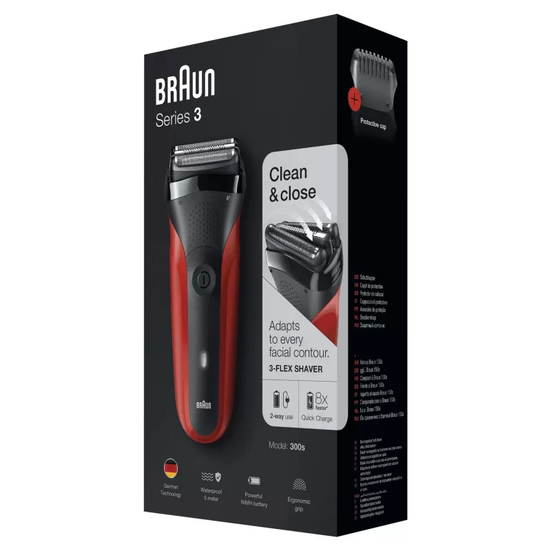 Braun Series 3 300s Folijos skustuvas su trimeriu Juoda, Raudona