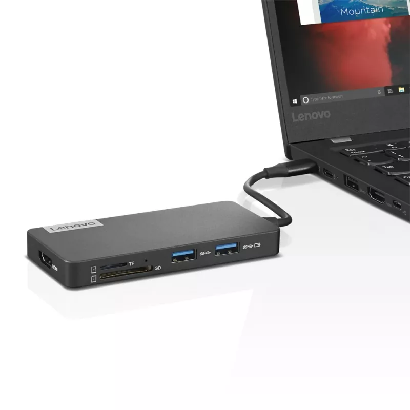 Lenovo GX90T77924 prijungimo stotis — USB-C šakotuvas su HDMI 1.4, 2×USB-A 3.2 Gen1, USB‑2.0, „microSD“ kortelių skaitytuvu, pilka
