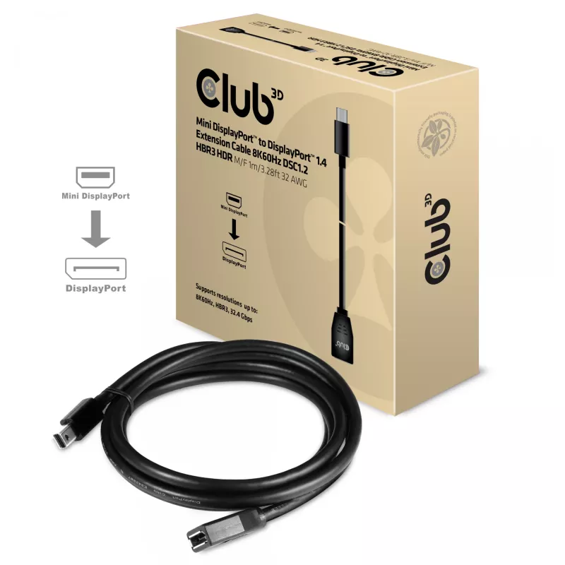 CLUB3D Mini DisplayPort į DisplayPort1.4 ilginimo kabelis 8K60Hz DSC1.2 HBR3 HDR M/F 1m/3,28 pėd.