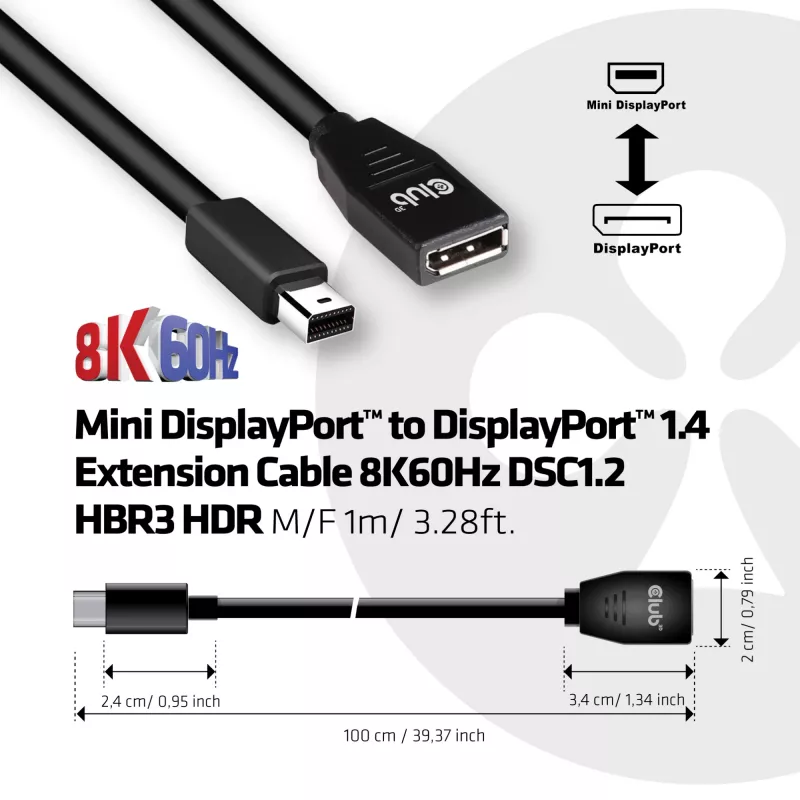 CLUB3D Mini DisplayPort į DisplayPort1.4 ilginimo kabelis 8K60Hz DSC1.2 HBR3 HDR M/F 1m/3,28 pėd.