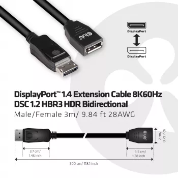 CLUB3D DisplayPort 1.4 prailginimo laidas 8K60Hz DSC 1.2 HBR3 HDR dvikryptis M/F 3m/9.84ft