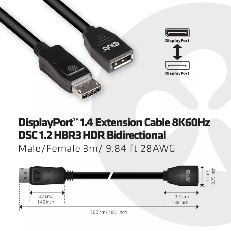 CLUB3D DisplayPort 1.4 prailginimo laidas 8K60Hz DSC 1.2 HBR3 HDR dvikryptis M/F 3m/9.84ft