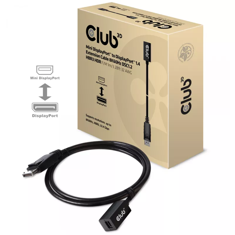 CLUB3D Mini DisplayPort 1.4 į DisplayPort ilginimo kabelis 8K60Hz DSC 1.2 HBR3 HDR abipusis F/M 1m/3,28ft