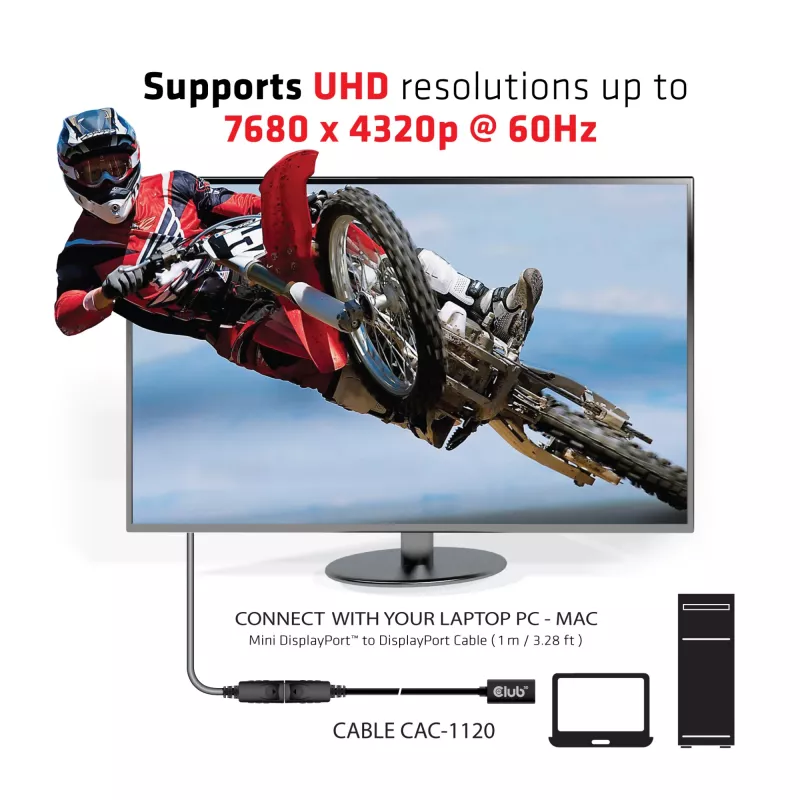 CLUB3D Mini DisplayPort 1.4 į DisplayPort ilginimo kabelis 8K60Hz DSC 1.2 HBR3 HDR abipusis F/M 1m/3,28ft