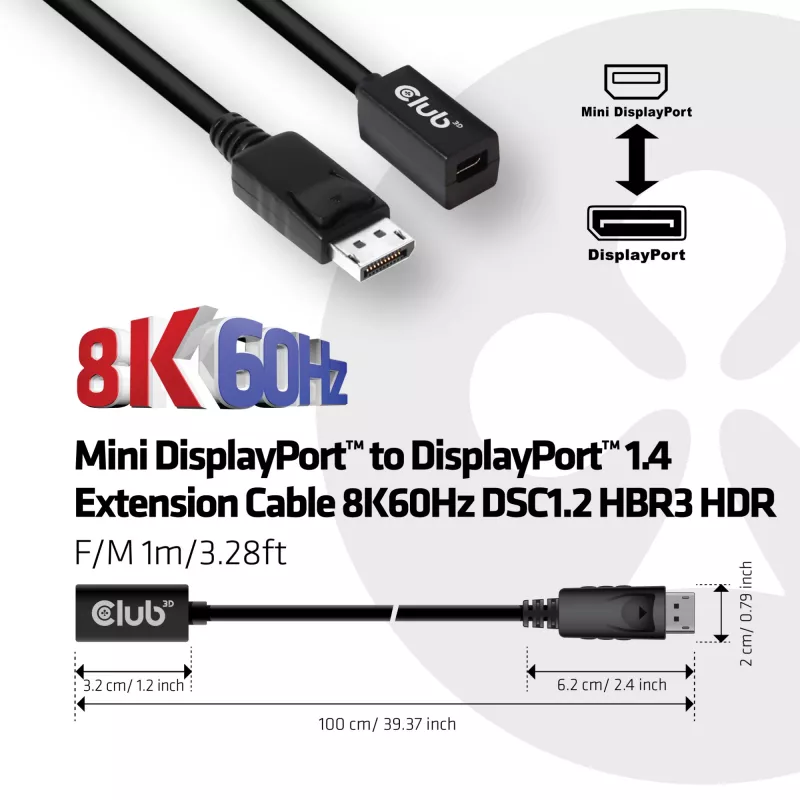 CLUB3D Mini DisplayPort 1.4 į DisplayPort ilginimo kabelis 8K60Hz DSC 1.2 HBR3 HDR abipusis F/M 1m/3,28ft