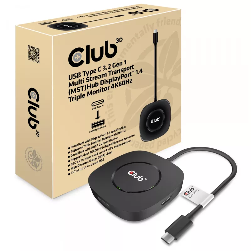CLUB3D USB Type C 3.2 Gen 1 Multi Stream Transport (MST) Hub DisplayPort 1.4 Trigubas Monitorius