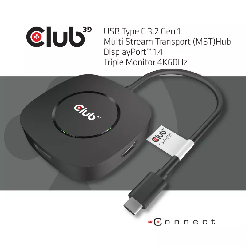 CLUB3D USB Type C 3.2 Gen 1 Multi Stream Transport (MST) Hub DisplayPort 1.4 Trigubas Monitorius