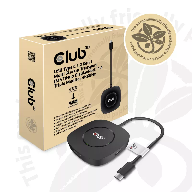 CLUB3D USB Type C 3.2 Gen 1 Multi Stream Transport (MST) Hub DisplayPort 1.4 Trigubas Monitorius