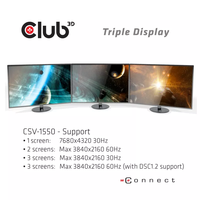 CLUB3D USB Type C 3.2 Gen 1 Multi Stream Transport (MST) Hub DisplayPort 1.4 Trigubas Monitorius
