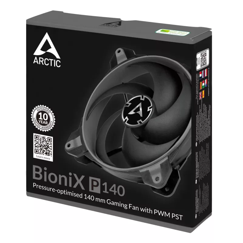 ARCTIC BioniX P140 (Pilka) – Slėgiui optimizuotas 140 mm žaidimų ventiliatorius su PWM PST