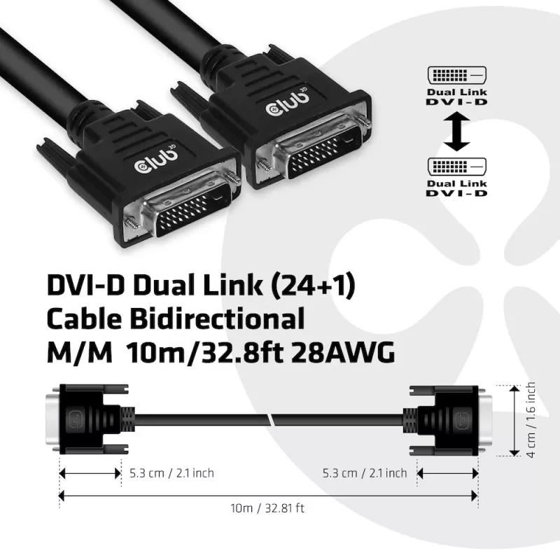 CLUB3D DVI-D Dual Link (24+1) laidas, abipusis M/M, 10 m / 32,8 pėdų, 28 AWG